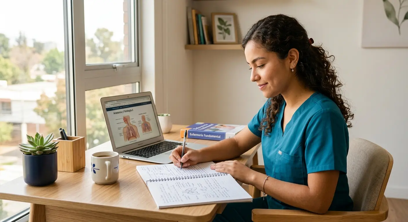 Estudiante de enfermería preparando el ENENF en su escritorio